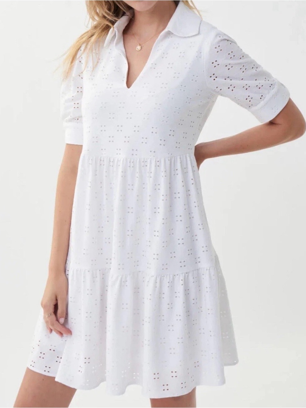 Joseph Ribkoff Babydoll Dress Sz 6 White Eyelet Tiered Cottagecore Preppy Summer